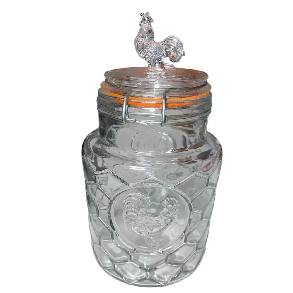 Clear Glass Rooster Top Finial Bail Lid Canister Honeycomb Farm Cottagecore 9